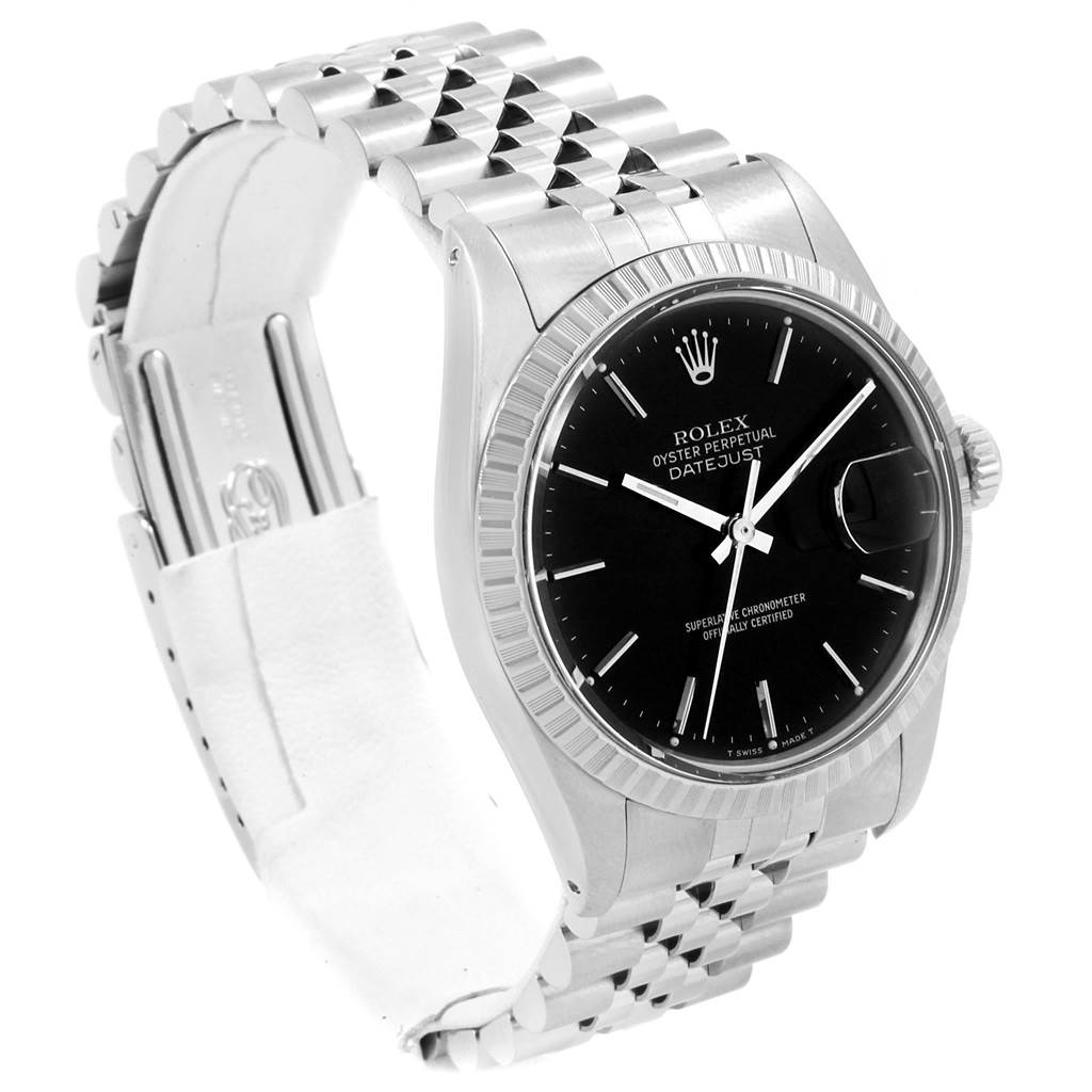 The Rolex Vintage Collection 16030 Men's Stainless Steel Black Dial 16030 Men's Stainless Steel Black Dial Datejust model is shown at a front-side angle, highlighting the watch’s face, bezel, crown, and bracelet.