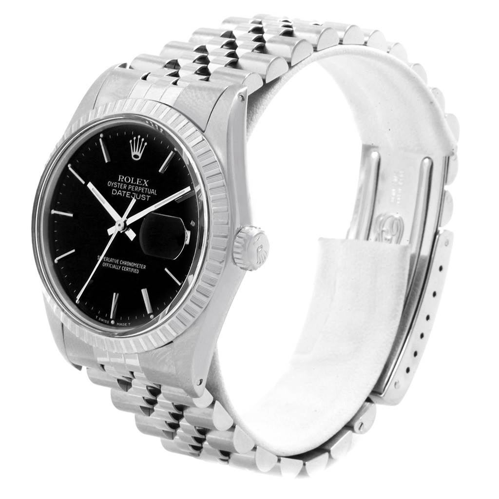 The image shows a side angle view of the Rolex Vintage Collection 16030 Men's Stainless Steel Black Dial 16030 Men's Stainless Steel Black Dial Datejust, highlighting the watch face, crown, and part of the bracelet.