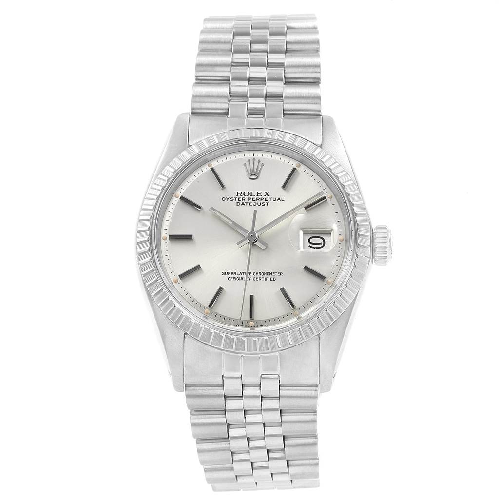 This image shows a front view of a Rolex Vintage Collection 1603 Men's Stainless Steel Silver Dial 1603 Men's Stainless Steel Silver Dial model, featuring its face, bezel, and bracelet.