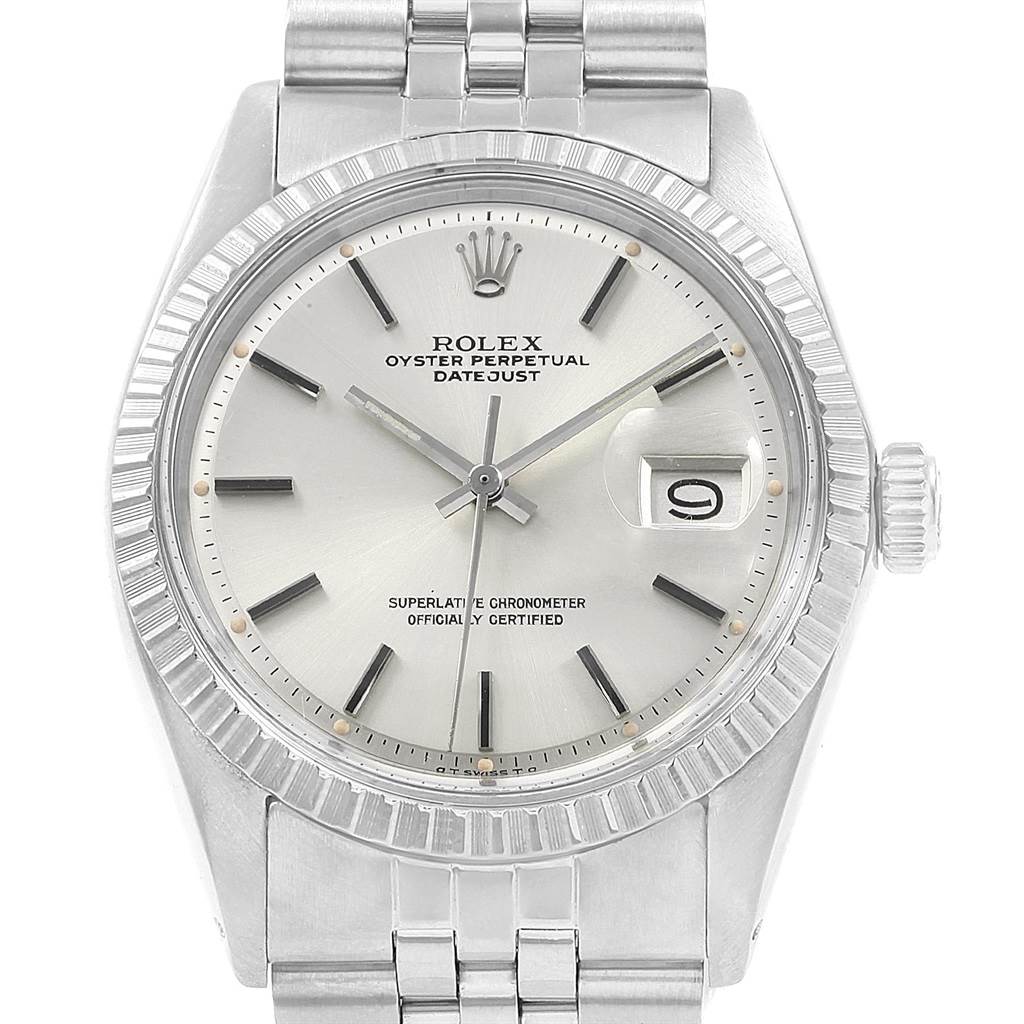 This image shows a front view of the Rolex Vintage Collection 1603 Men's Stainless Steel Silver Dial 1603 Men's Stainless Steel Silver Dial model, displaying the dial, bezel, date window, crown, and part of the bracelet.