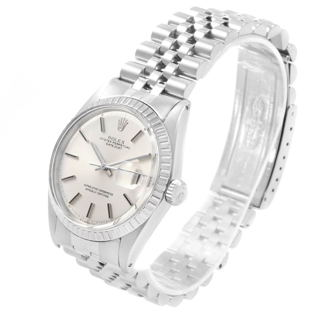 The image shows a Vintage Collection Rolex Oyster Perpetual Datejust watch from an angled side view, highlighting the bracelet and face.