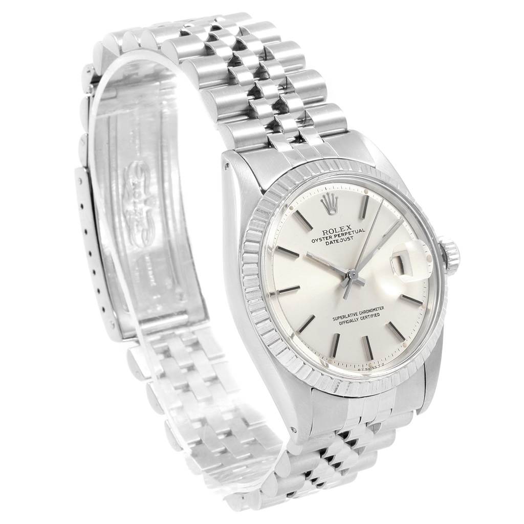 This image shows a Rolex Vintage Collection 1603 Men's Stainless Steel Silver Dial 1603 Men's Stainless Steel Silver Dial watch at an angled side view, highlighting the dial, bezel, case, and bracelet.