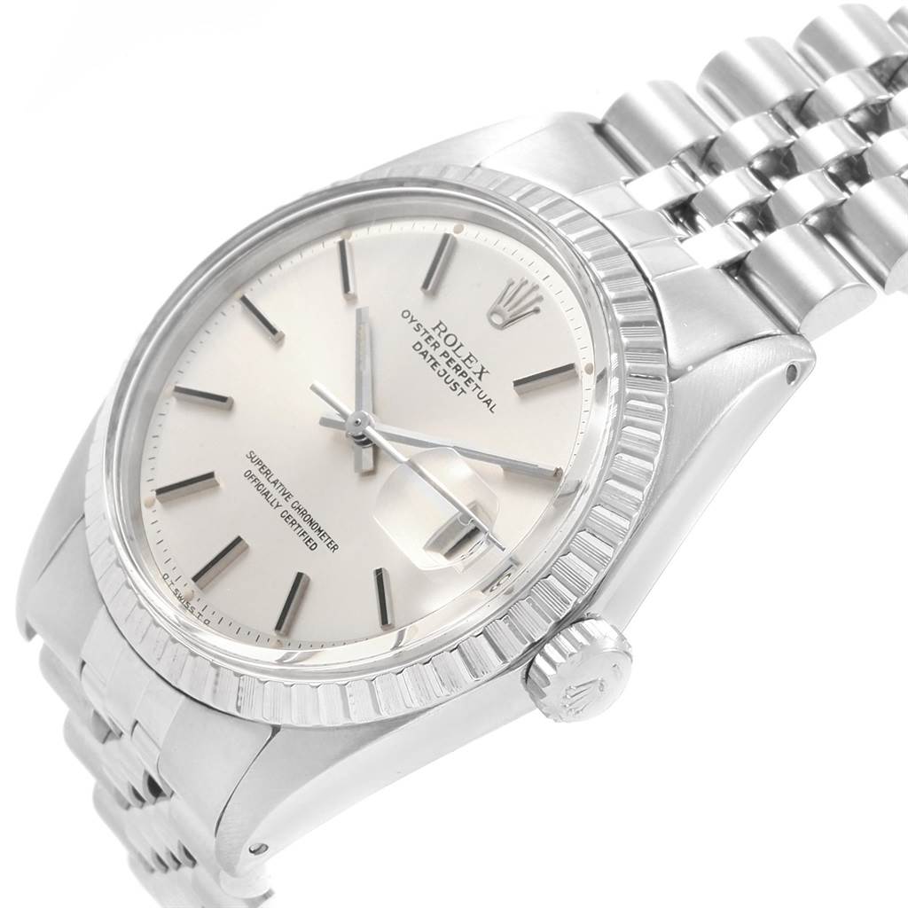 The Rolex Vintage Collection 1603 Men's Stainless Steel Silver Dial 1603 Men's Stainless Steel Silver Dial watch is shown at an angled view, displaying the dial, bezel, crown, and part of the bracelet.