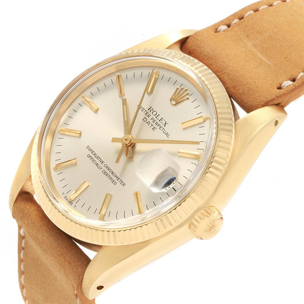 The image shows a close-up angled view of a Rolex Vintage Collection 1501 Men's Yellow Gold Champagne Dial 1501 Men's Yellow Gold Champagne Dial watch featuring its dial, bezel, crown, and leather strap.