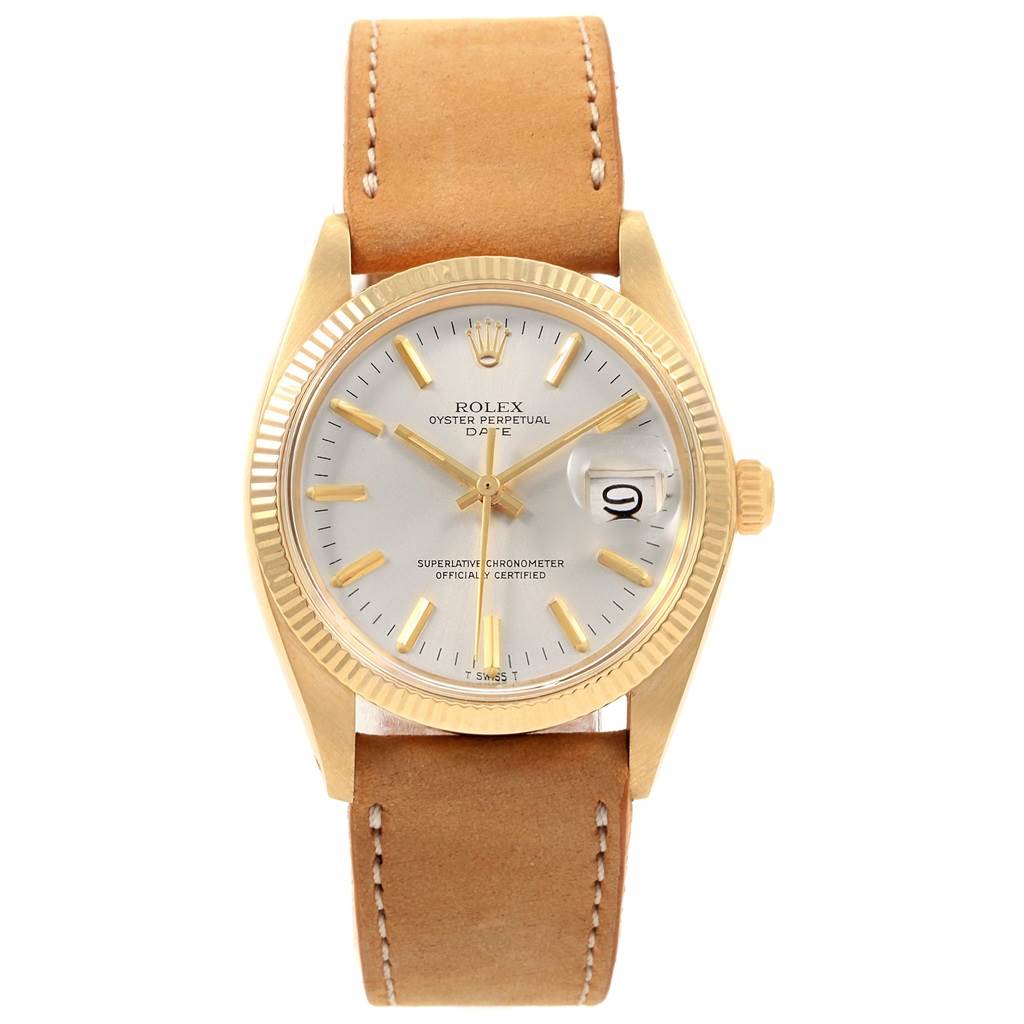 This image shows a frontal view of the Rolex Vintage Collection 1501 Men's Yellow Gold Champagne Dial 1501 Men's Yellow Gold Champagne Dial watch, featuring its dial, bezel, crown, and leather strap.