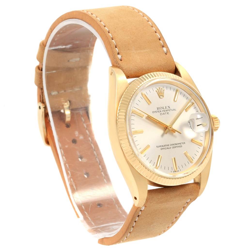 The image shows a Rolex Vintage Collection 1501 Men's Yellow Gold Champagne Dial 1501 Men's Yellow Gold Champagne Dial watch at a front angle, highlighting its beige leather strap and gold case.