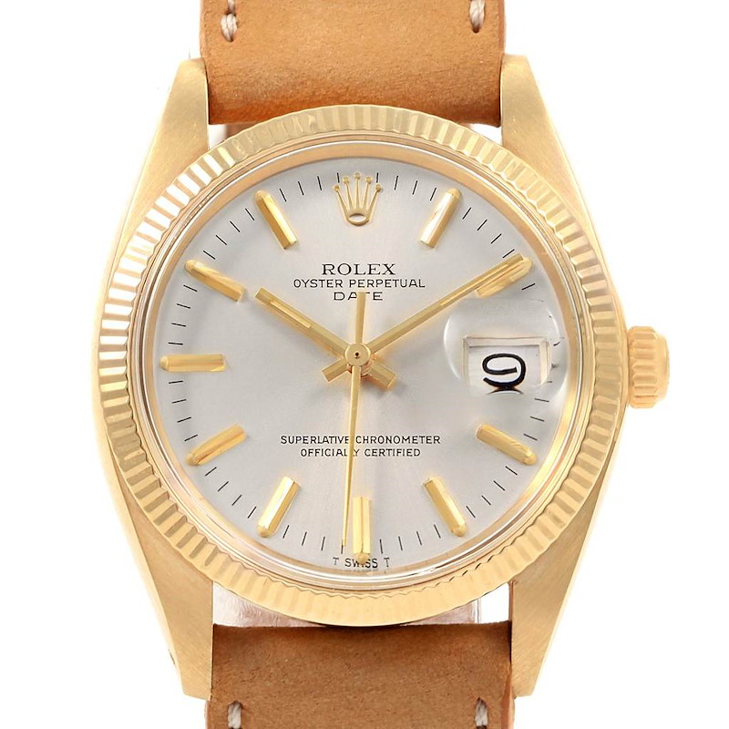 Rolex Date Vintage 14K Yellow Gold Brown Strap Mens Watch 1501 SwissWatchExpo
