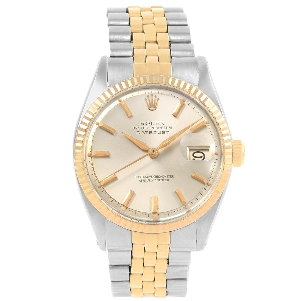 The image shows the front view of a Rolex Vintage Collection 1601 Men's Steel and Gold (two tone) Silver Dial 1601 Men's Steel and Gold (two tone) Silver Dial watch, model Oyster Perpetual Datejust, featuring its face, bezel, and band.