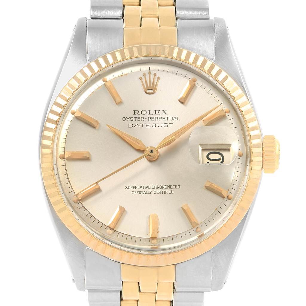 The image shows a frontal view of the Rolex Vintage Collection 1601 Men's Steel and Gold (two tone) Silver Dial 1601 Men's Steel and Gold (two tone) Silver Dial Oyster-Perpetual Datejust watch, highlighting its dial, bezel, and bracelet.