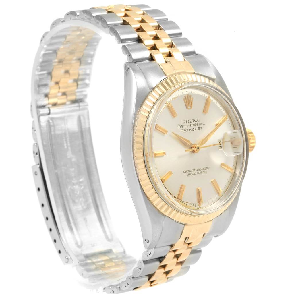 The image shows a side angle of the Rolex Vintage Collection 1601 Men's Steel and Gold (two tone) Silver Dial 1601 Men's Steel and Gold (two tone) Silver Dial Datejust model, highlighting the watch face, bezel, and two-tone bracelet.