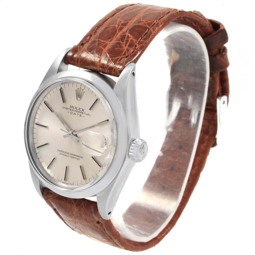 The Rolex Vintage Collection 1500 Men's Stainless Steel Silver Dial 1500 Men's Stainless Steel Silver Dial watch is pictured at a slight angle, showcasing its dial, case, crown, and brown leather strap.