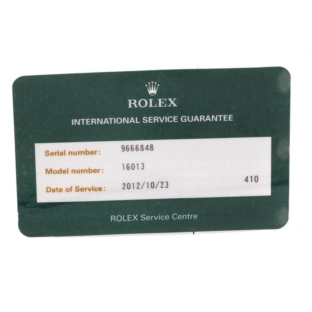 The image shows a green Rolex International Service Guarantee card for the Vintage Collection model 16013.