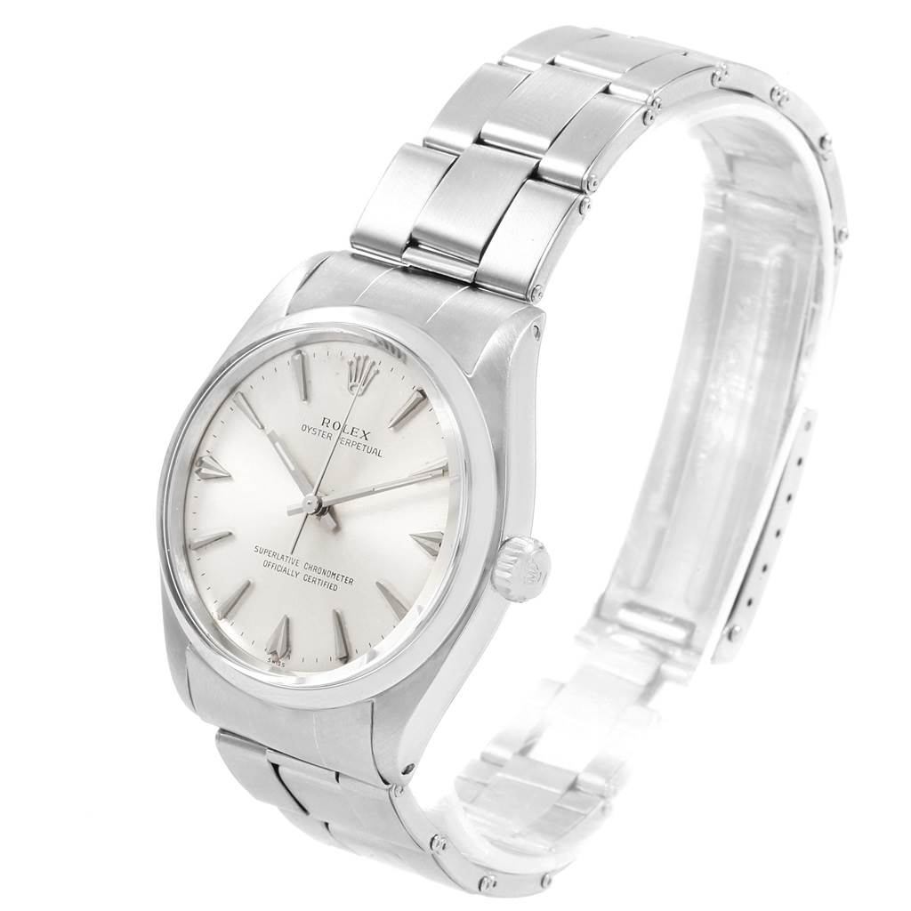 The image shows a stainless steel Rolex Vintage Collection 1002 Men's Stainless Steel Silver Dial 1002 Men's Stainless Steel Silver Dial model watch from a three-quarter angle, displaying the watch face and bracelet.