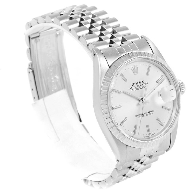 The image shows a side angle of the Rolex Vintage Collection Oyster Perpetual Datejust, highlighting the dial and bracelet.