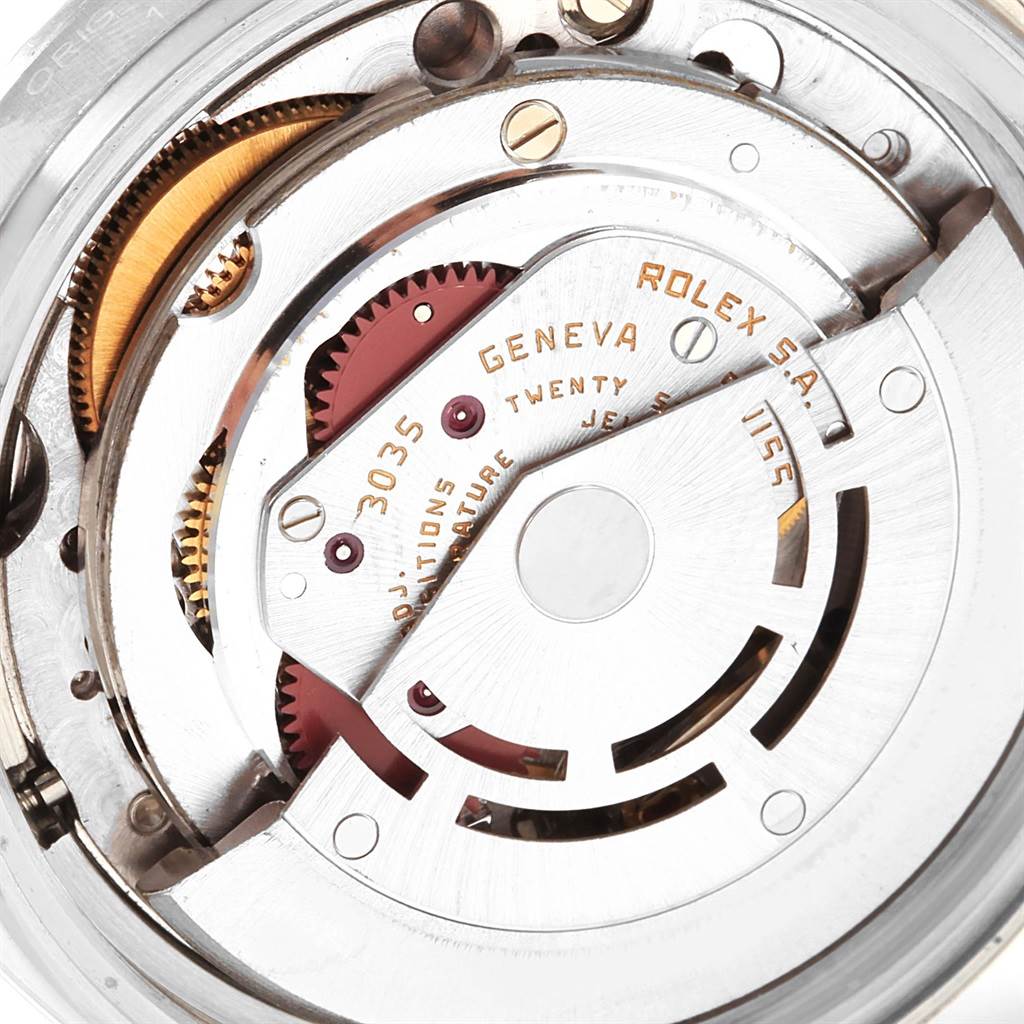This close-up shows the intricate internal mechanism of the Vintage Collection model by Rolex.