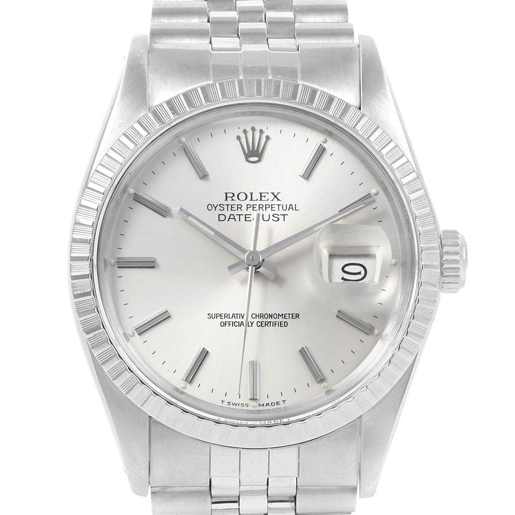 The image shows a front view of a Vintage Collection Rolex Oyster Perpetual Datejust watch, displaying the dial, bezel, and bracelet.