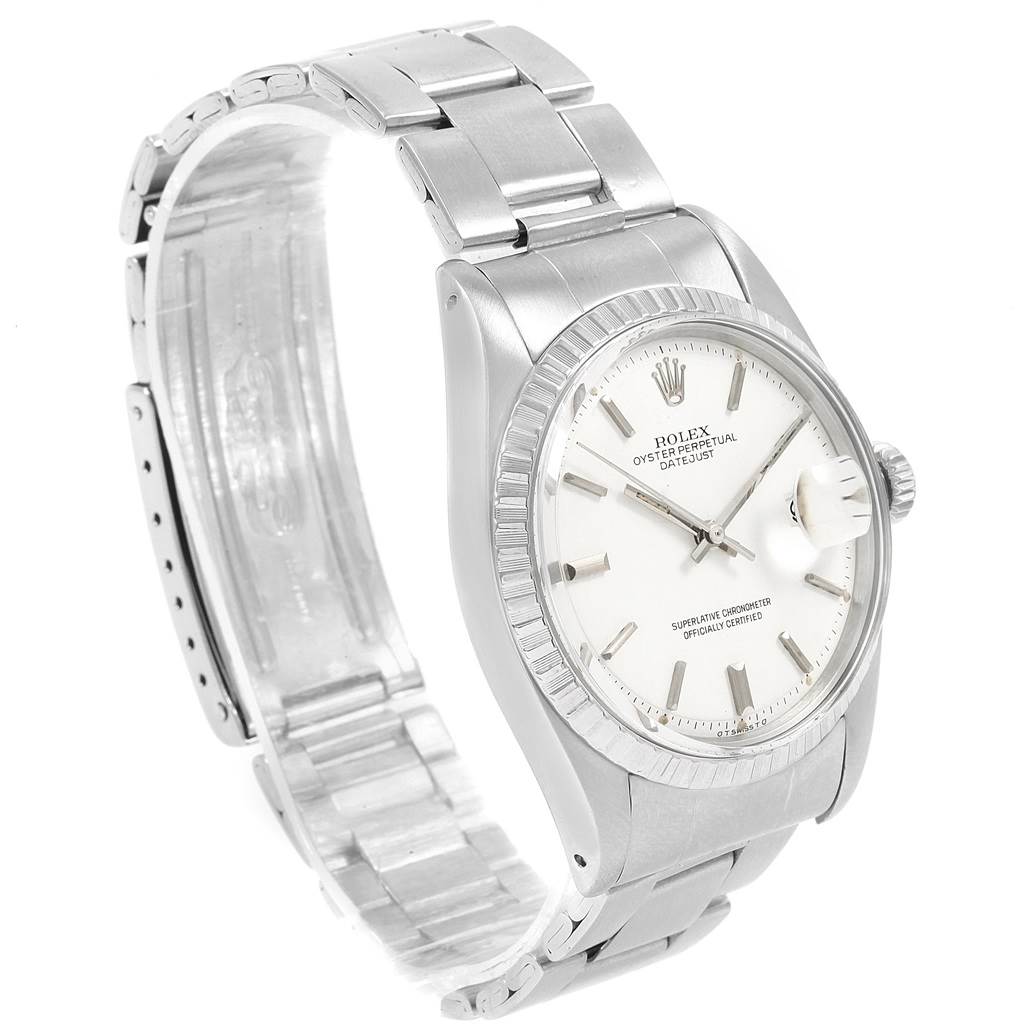 The image shows the front and side profile of a Rolex Vintage Collection 1603 Men
s Stainless Steel White Dial 1603 Men
s Stainless Steel White Dial model with its bracelet and dial visible.
