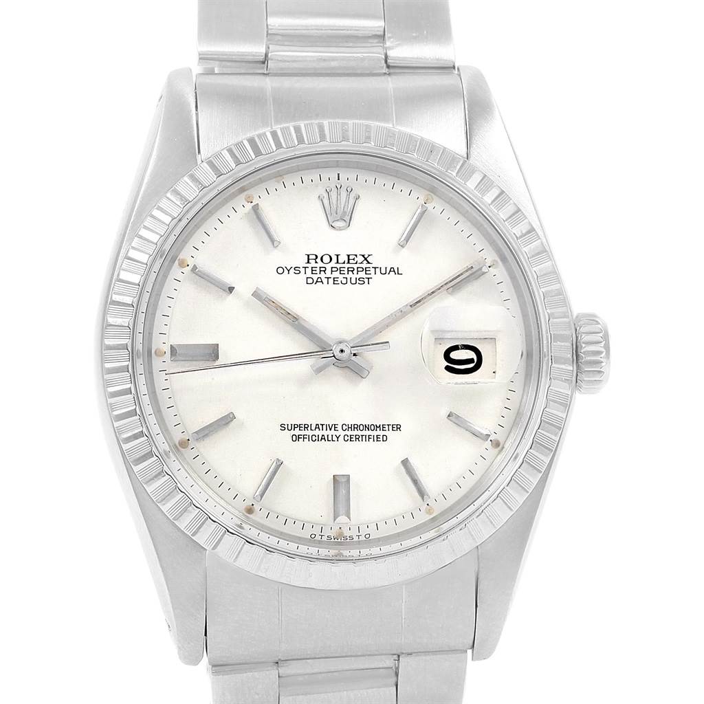 The image shows a front view of the Rolex Vintage Collection 1603 Men
s Stainless Steel White Dial 1603 Men
s Stainless Steel White Dial Oyster Perpetual Datejust watch, displaying the dial, bezel, crown, and bracelet.