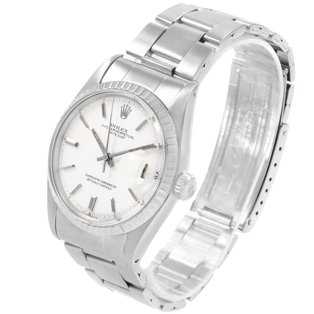 This image shows a Rolex Vintage Collection 1603 Men
s Stainless Steel White Dial 1603 Men
s Stainless Steel White Dial watch from a three-quarters front angle displaying its dial, bezel, crown, and bracelet.