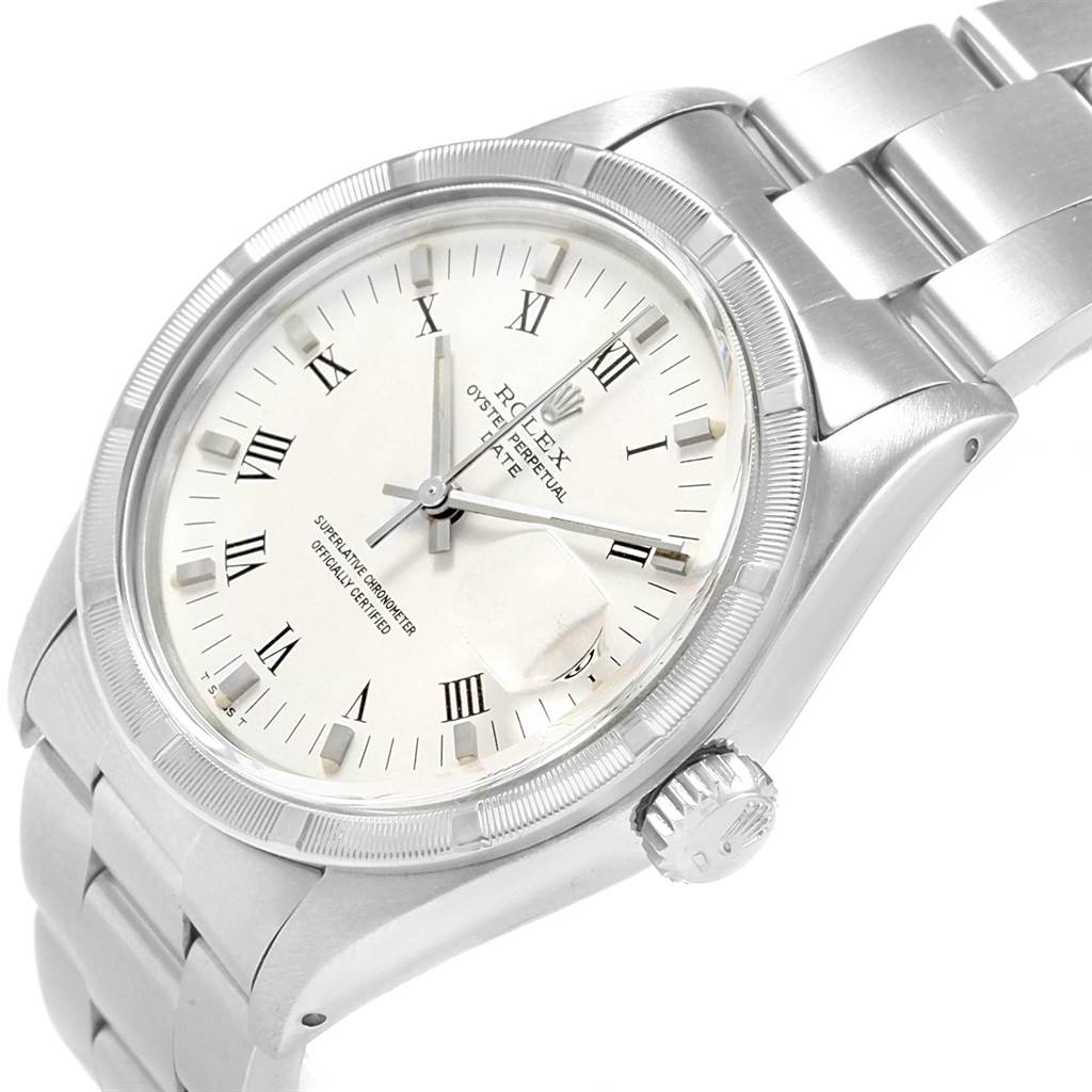 The image shows a Rolex Vintage Collection 1501 Men
s Stainless Steel White Dial 1501 Men
s Stainless Steel White Dial watch from a slightly oblique angle with a focus on the dial, bezel, crown, and part of the bracelet.