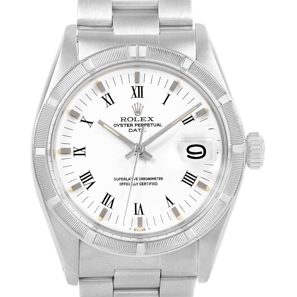 The image shows a front view of a Rolex Vintage Collection 1501 Men
s Stainless Steel White Dial 1501 Men
s Stainless Steel White Dial Oyster Perpetual Date watch, highlighting the dial, bezel, and part of the bracelet.