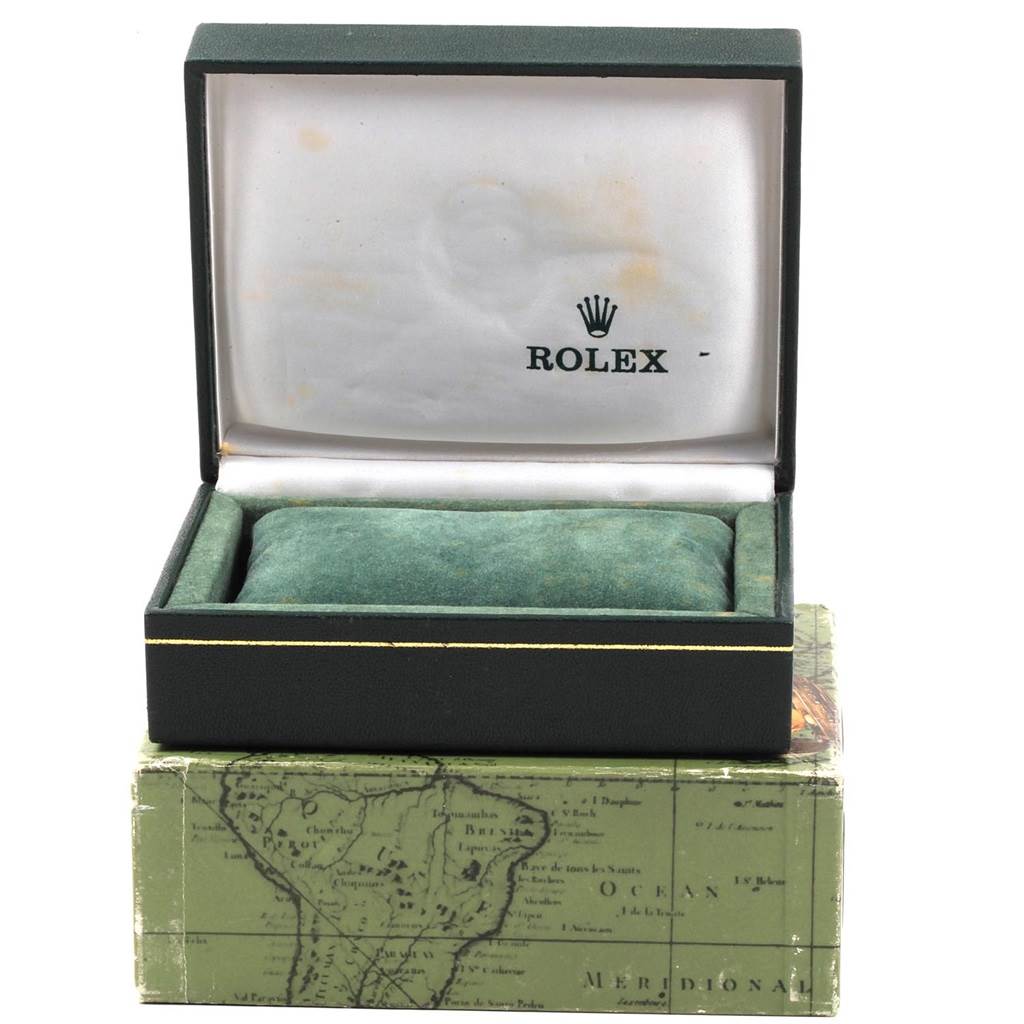 The image shows the open box of a Rolex Vintage Collection 1501 Men
s Stainless Steel White Dial 1501 Men
s Stainless Steel White Dial watch, showcasing the interior and pillow compartment.