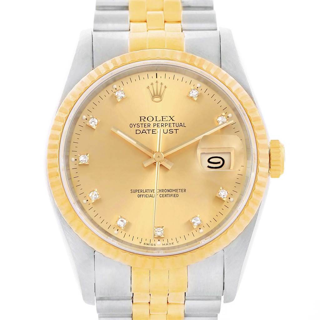 The image shows a front view of the Rolex Vintage Collection 16013 Men's Stainless Steel Champagne Dial 16013 Men's Stainless Steel Champagne Dial Datejust watch, highlighting its dial, bezel, crown, and bracelet.