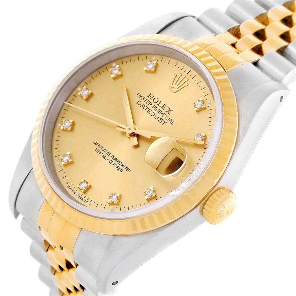 The image shows a close-up of the Rolex Vintage Collection 16013 Men's Stainless Steel Champagne Dial 16013 Men's Stainless Steel Champagne Dial Datejust watch, highlighting its dial, bezel, crown, and part of the bracelet.