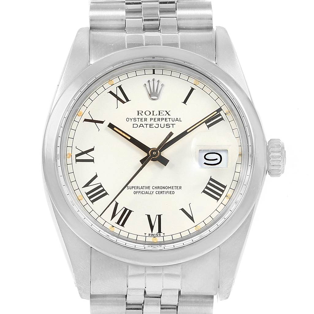 This image shows a front view of the Rolex Vintage Collection 16000 Men's Stainless Steel White Dial 16000 Men's Stainless Steel White Dial Oyster Perpetual Datejust, highlighting its dial and bracelet.