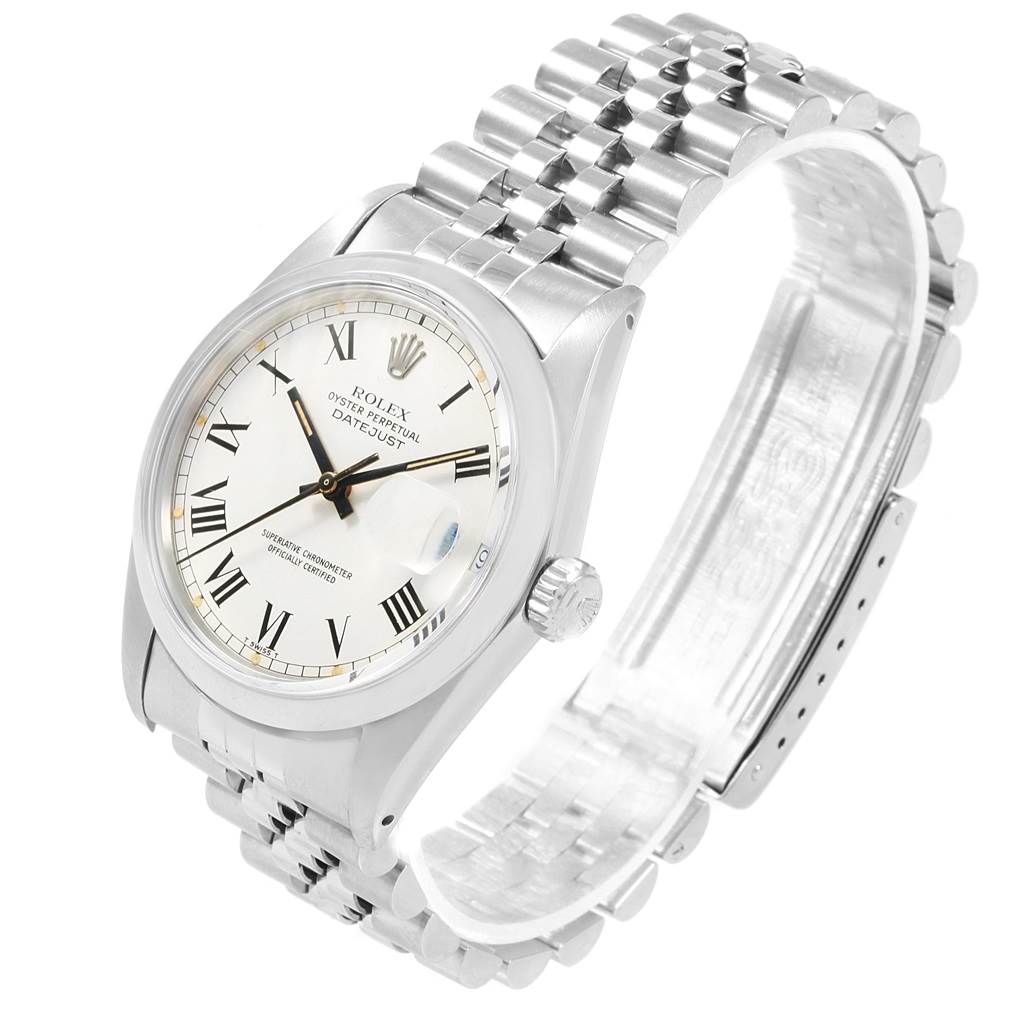 The image shows a Rolex Vintage Collection 16000 Men's Stainless Steel White Dial 16000 Men's Stainless Steel White Dial Oyster Perpetual Datejust watch at a three-quarter angle displaying the face, crown, and bracelet.