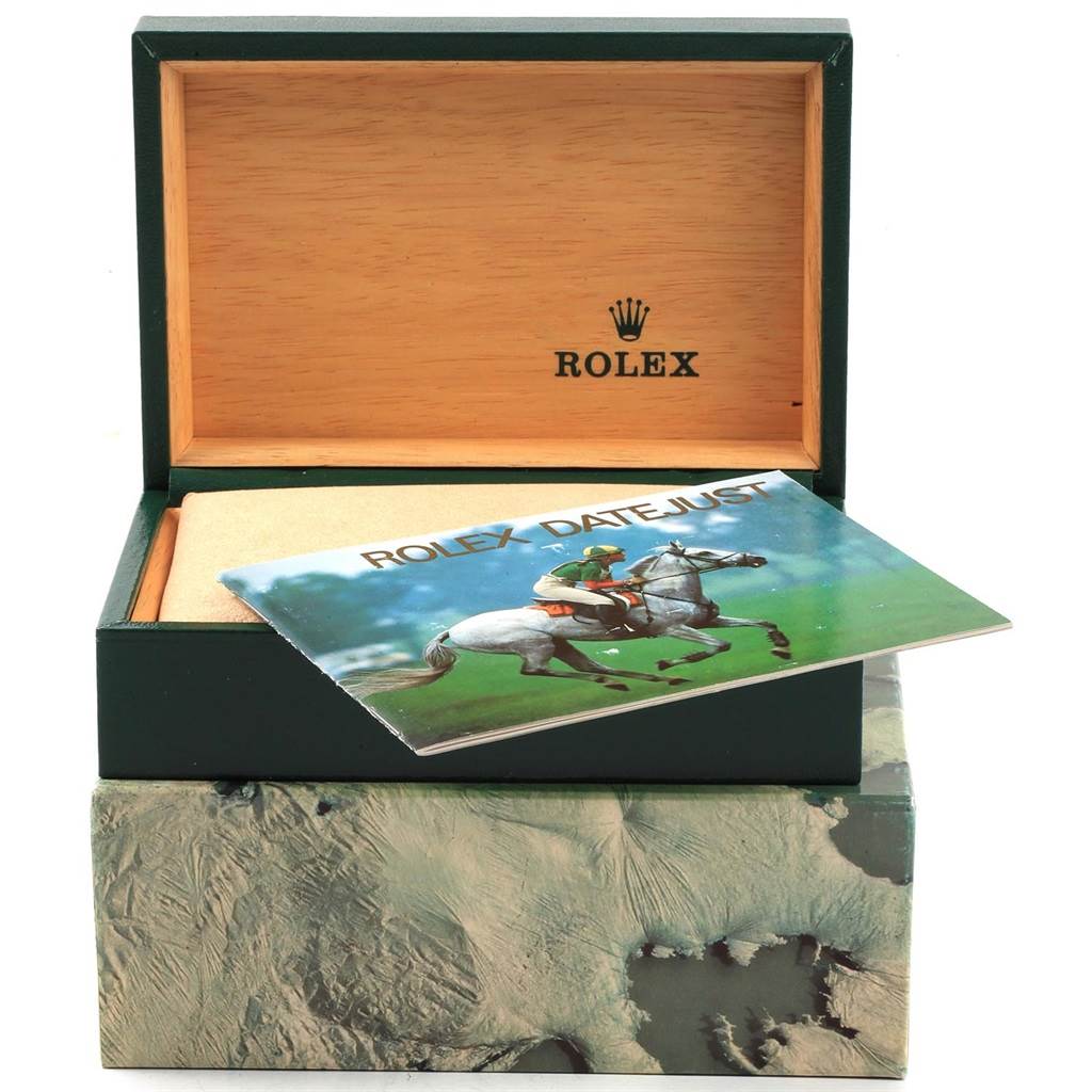 The image shows an open box for the Rolex Vintage Collection 16000 Men's Stainless Steel White Dial 16000 Men's Stainless Steel White Dial with a booklet labeled "Rolex Datejust" on top.