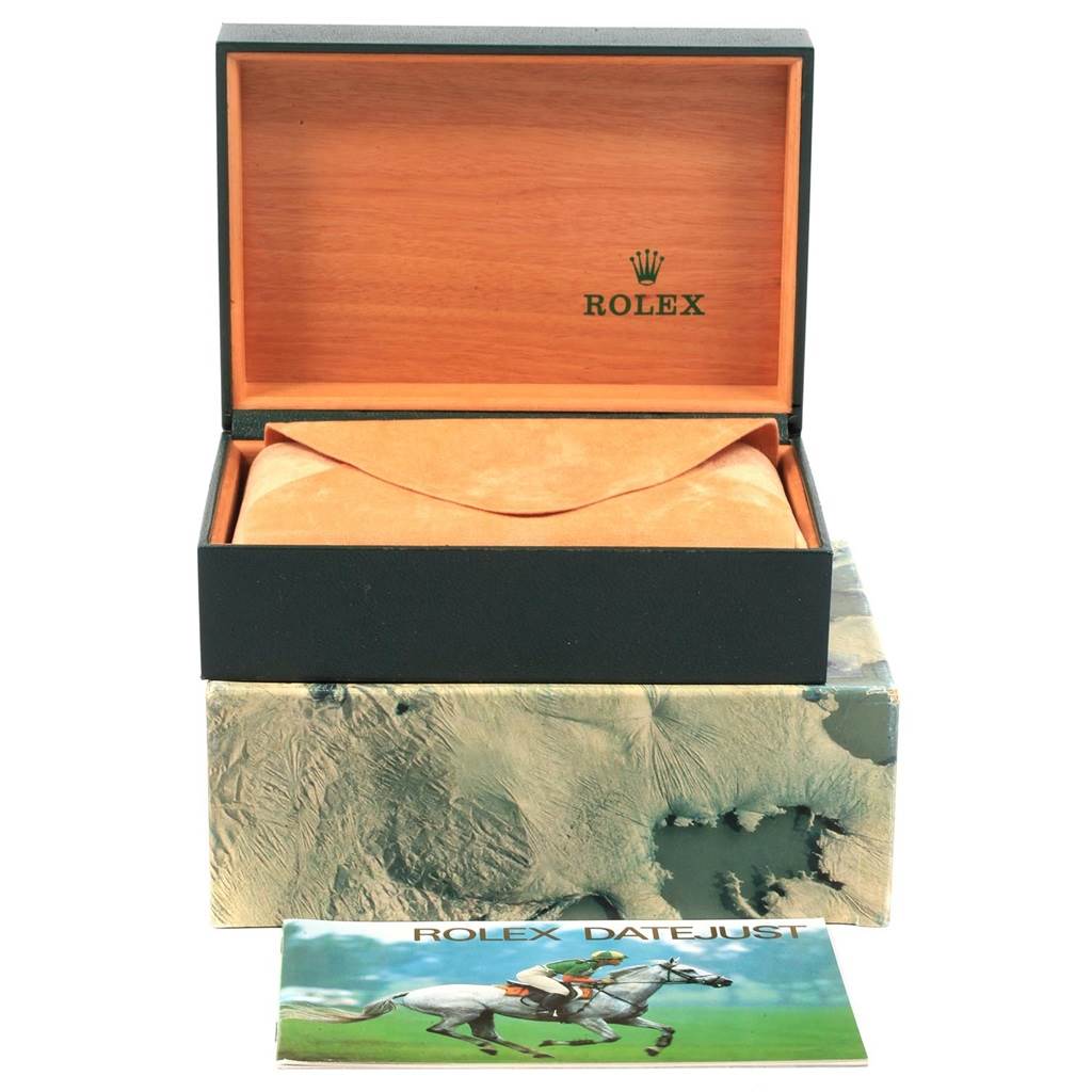 The image shows an open Rolex Vintage Collection 16013 Men's Stainless Steel Champagne Dial 16013 Men's Stainless Steel Champagne Dial watch box with a booklet titled "Rolex Datejust" in front.