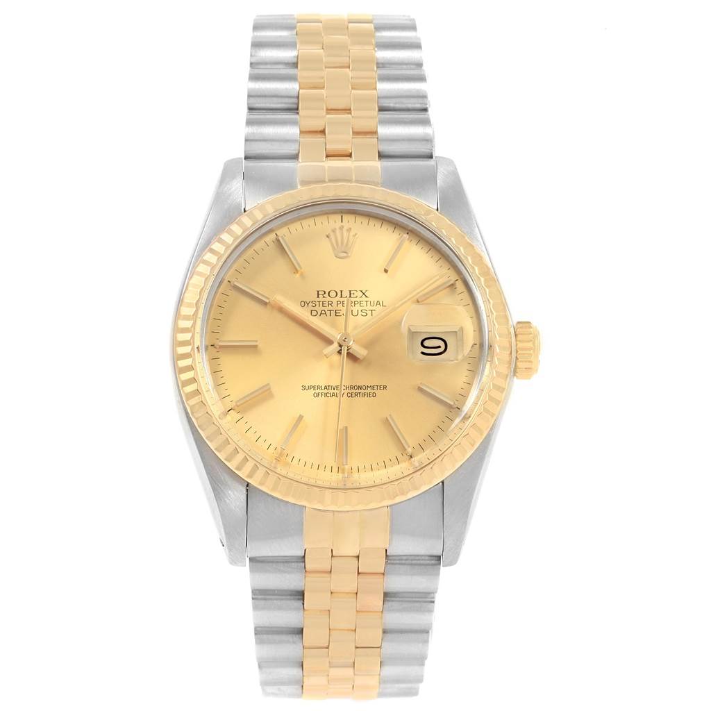 The Rolex Vintage Collection 16013 Men's Stainless Steel Champagne Dial 16013 Men's Stainless Steel Champagne Dial watch is shown from the front, highlighting its face, bezel, crown, and bracelet.