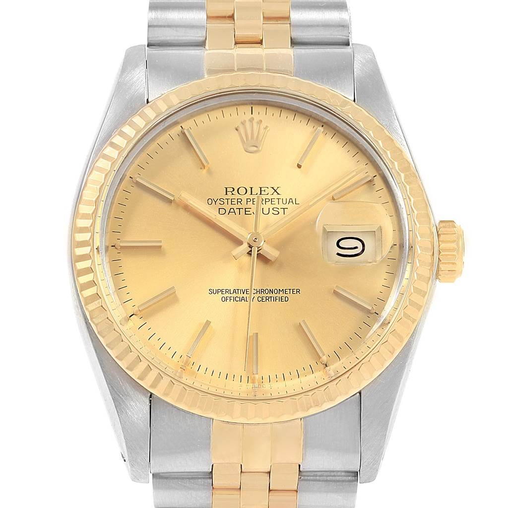 This Rolex Vintage Collection 16013 Men's Stainless Steel Champagne Dial 16013 Men's Stainless Steel Champagne Dial Datejust model is shown from a straight-on angle, showcasing its dial, bezel, and bracelet.