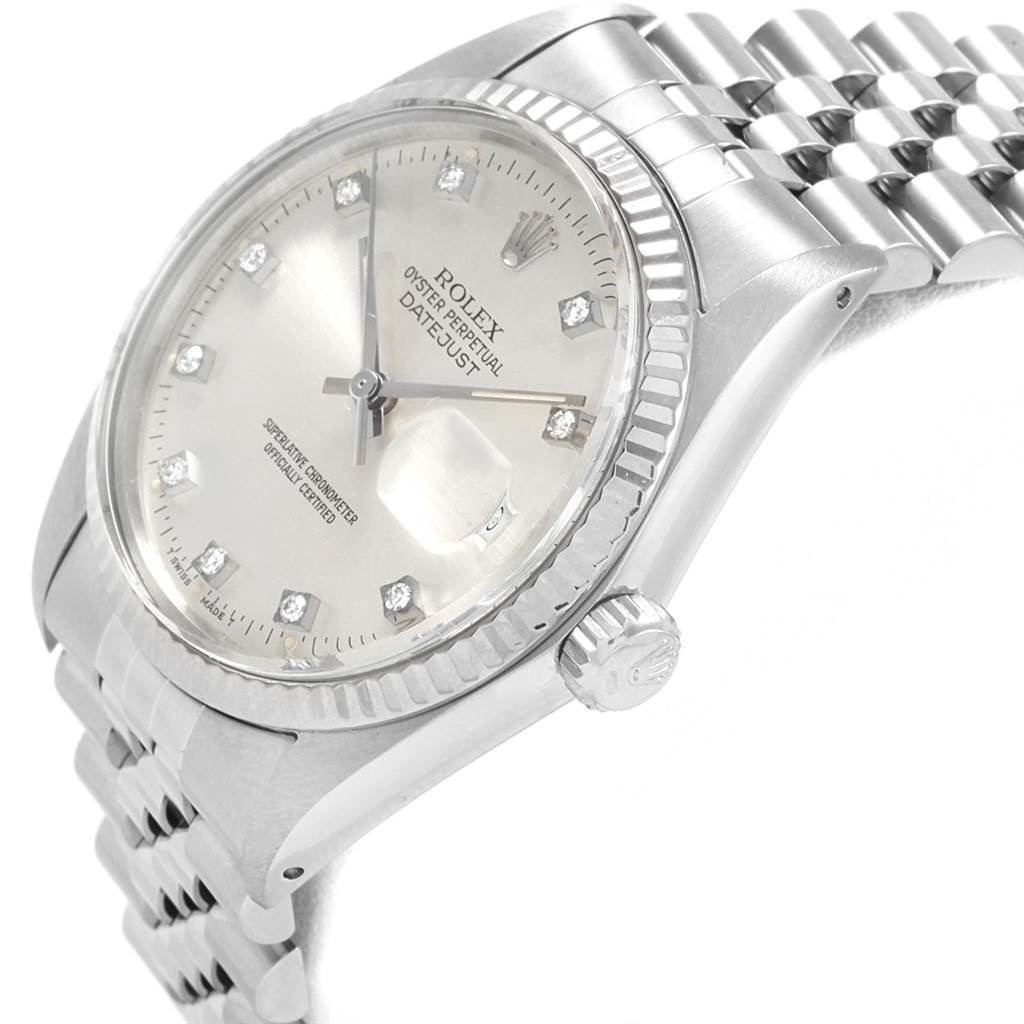 The image shows a close-up side angle of a Rolex Vintage Collection 16014 Men's Stainless Steel Silver Dial 16014 Men's Stainless Steel Silver Dial Datejust watch, highlighting the dial, bezel, crown, and bracelet.