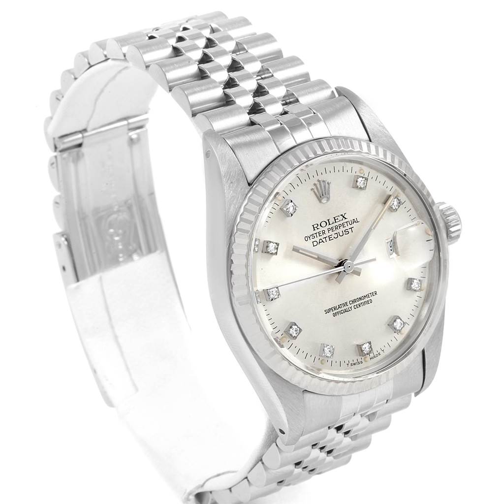 The image shows a side angle of a Vintage Collection Rolex DateJust, highlighting its dial, case, and bracelet.