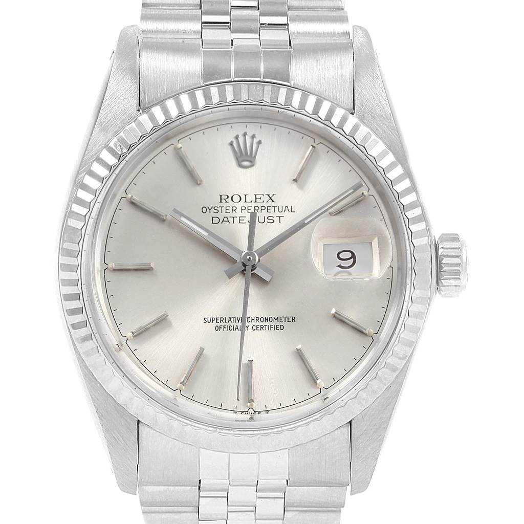 The image shows a front view of a Vintage Collection Rolex Oyster Perpetual Datejust watch with its face, bezel, and part of the bracelet visible.