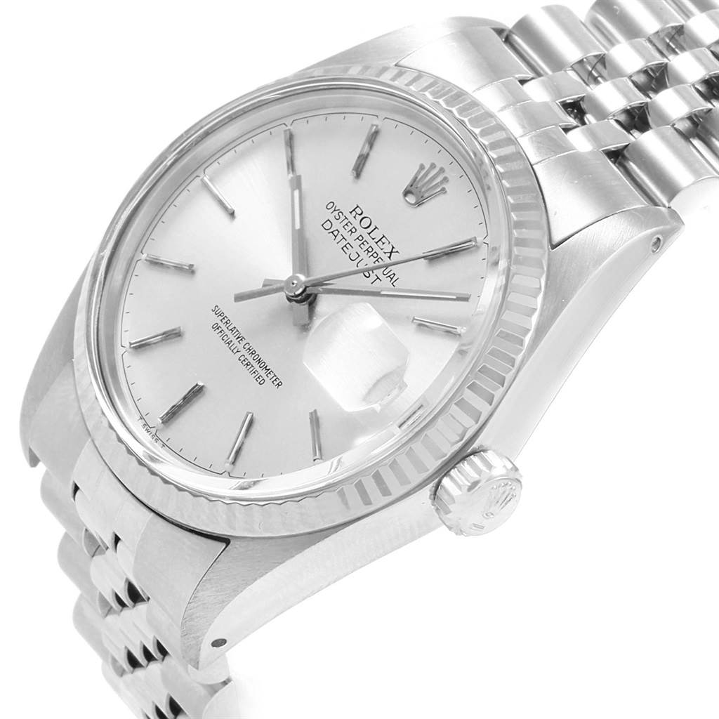 The image shows a Rolex Vintage Collection 16014 Men's Stainless Steel Silver Dial 16014 Men's Stainless Steel Silver Dial watch model Oyster Perpetual Datejust at a three-quarter angle highlighting its face, crown, and bracelet.