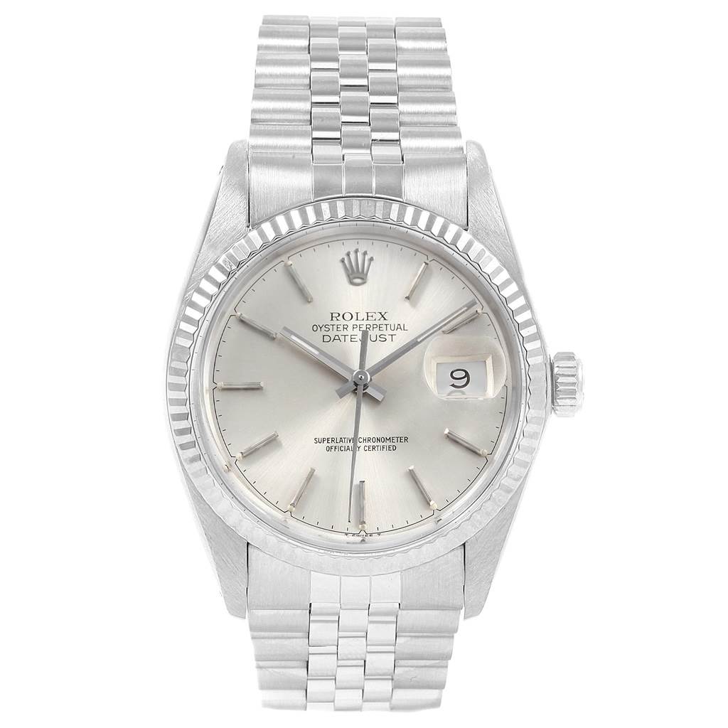 This image shows a front, centered view of the Rolex Vintage Collection 16014 Men's Stainless Steel Silver Dial 16014 Men's Stainless Steel Silver Dial watch with its face, bezel, crown, and bracelet visible.
