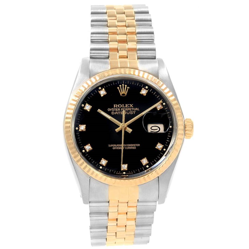Rolex Datejust 36 Steel Yellow Gold Black Diamond Dial Mens Watch