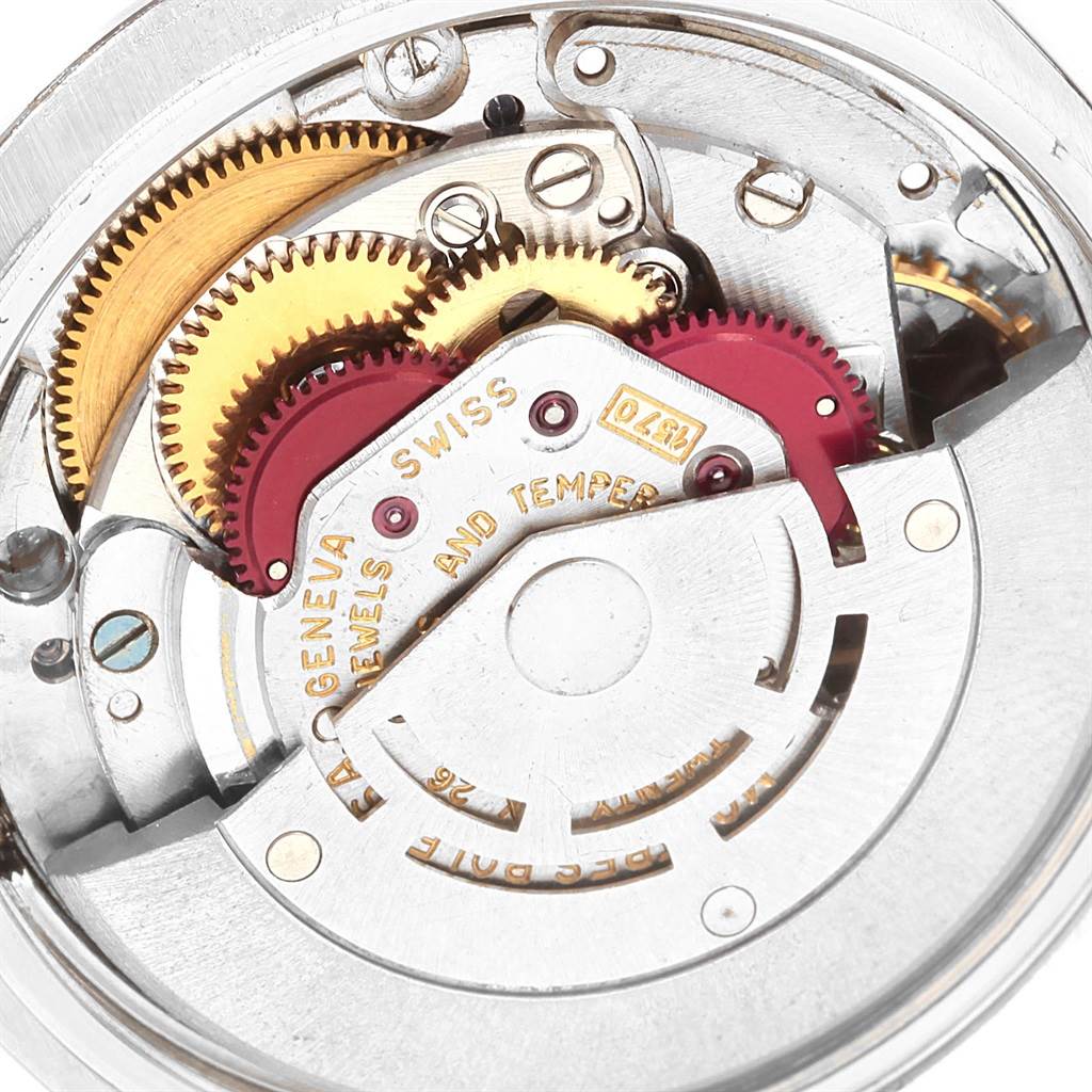 This image shows the intricate internal movement mechanism of the Rolex Vintage Collection 1501 Men's Stainless Steel Blue Dial 1501 Men's Stainless Steel Blue Dial watch at a close-up angle.