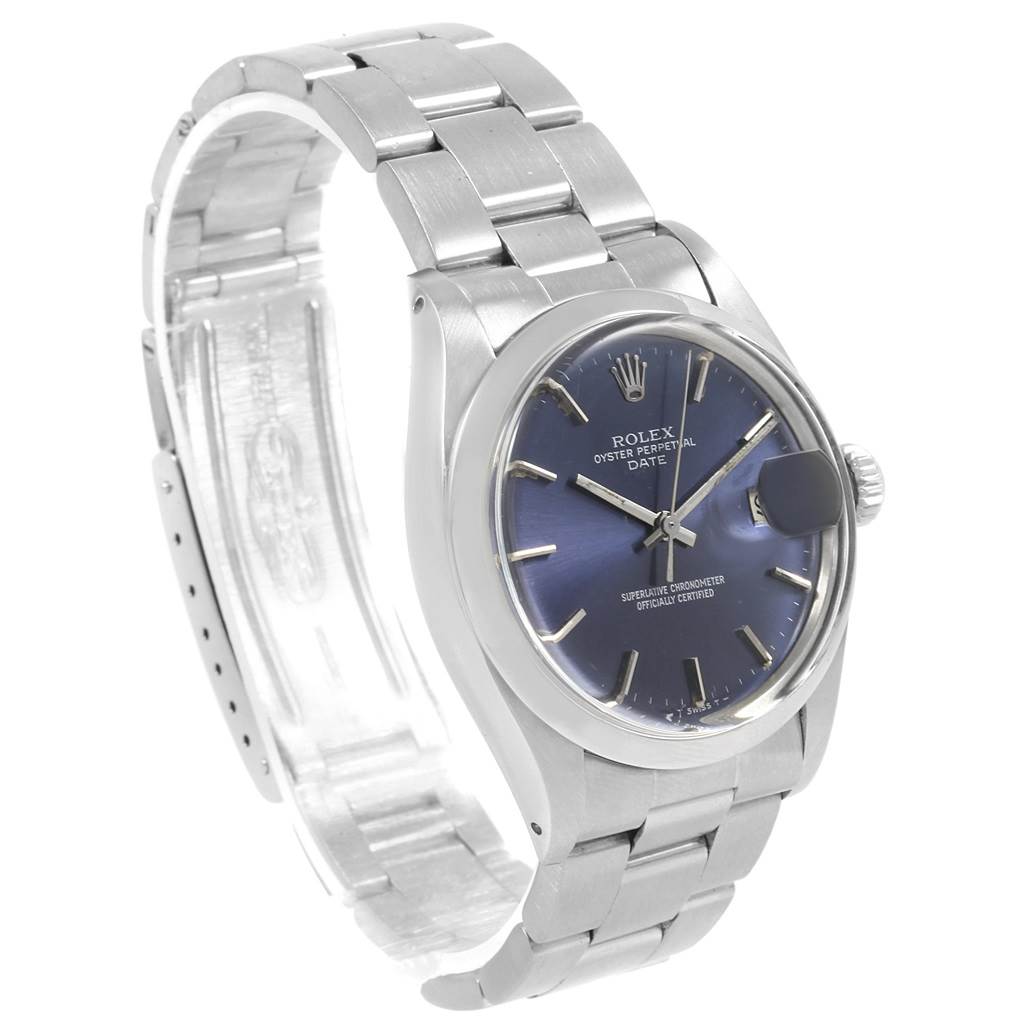 The image shows a side view of the Rolex Vintage Collection 1501 Men's Stainless Steel Blue Dial 1501 Men's Stainless Steel Blue Dial watch, highlighting its blue dial, stainless steel case, and bracelet.
