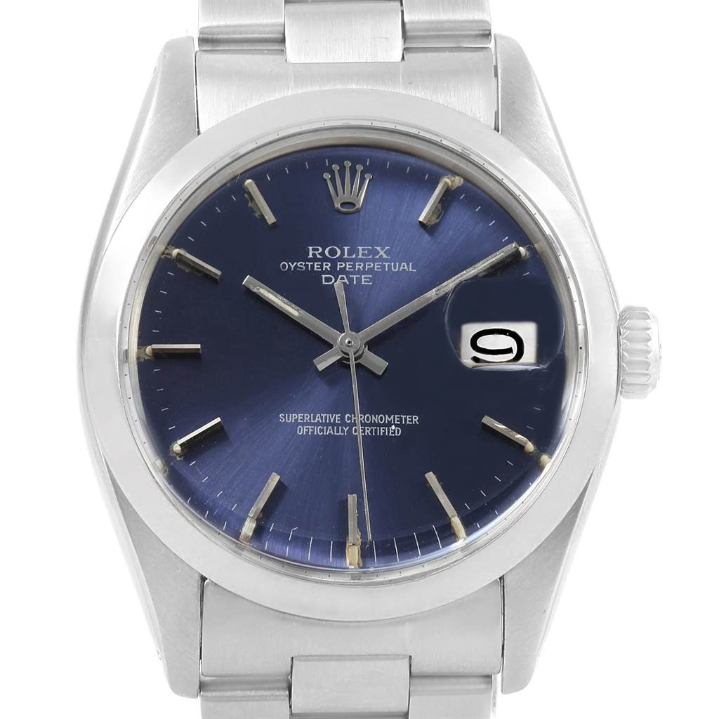 This image shows a front view of a Rolex Vintage Collection 1501 Men's Stainless Steel Blue Dial 1501 Men's Stainless Steel Blue Dial Oyster Perpetual Date watch, highlighting its dial, hands, and bracelet.