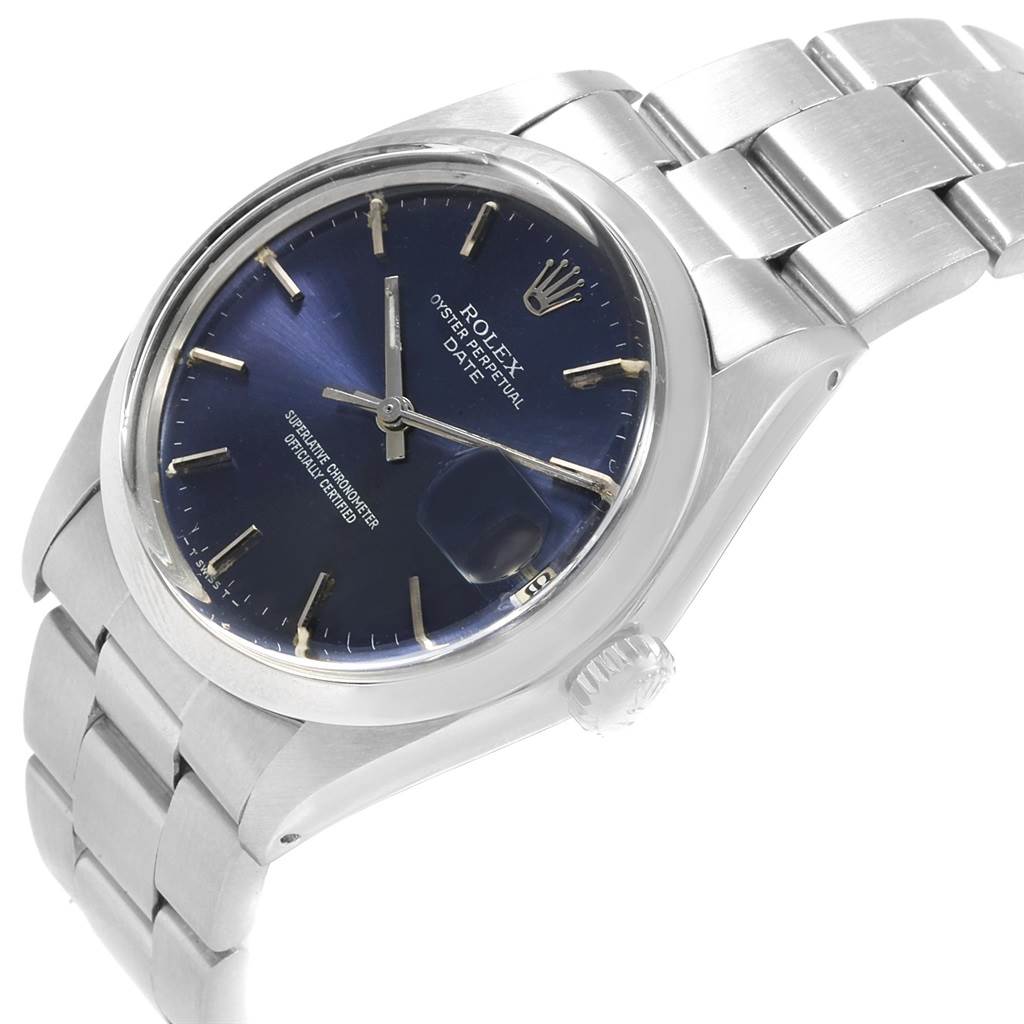 The image shows the dial, bezel, and bracelet of a Rolex Vintage Collection 1501 Men's Stainless Steel Blue Dial 1501 Men's Stainless Steel Blue Dial model watch at a slightly tilted side angle.