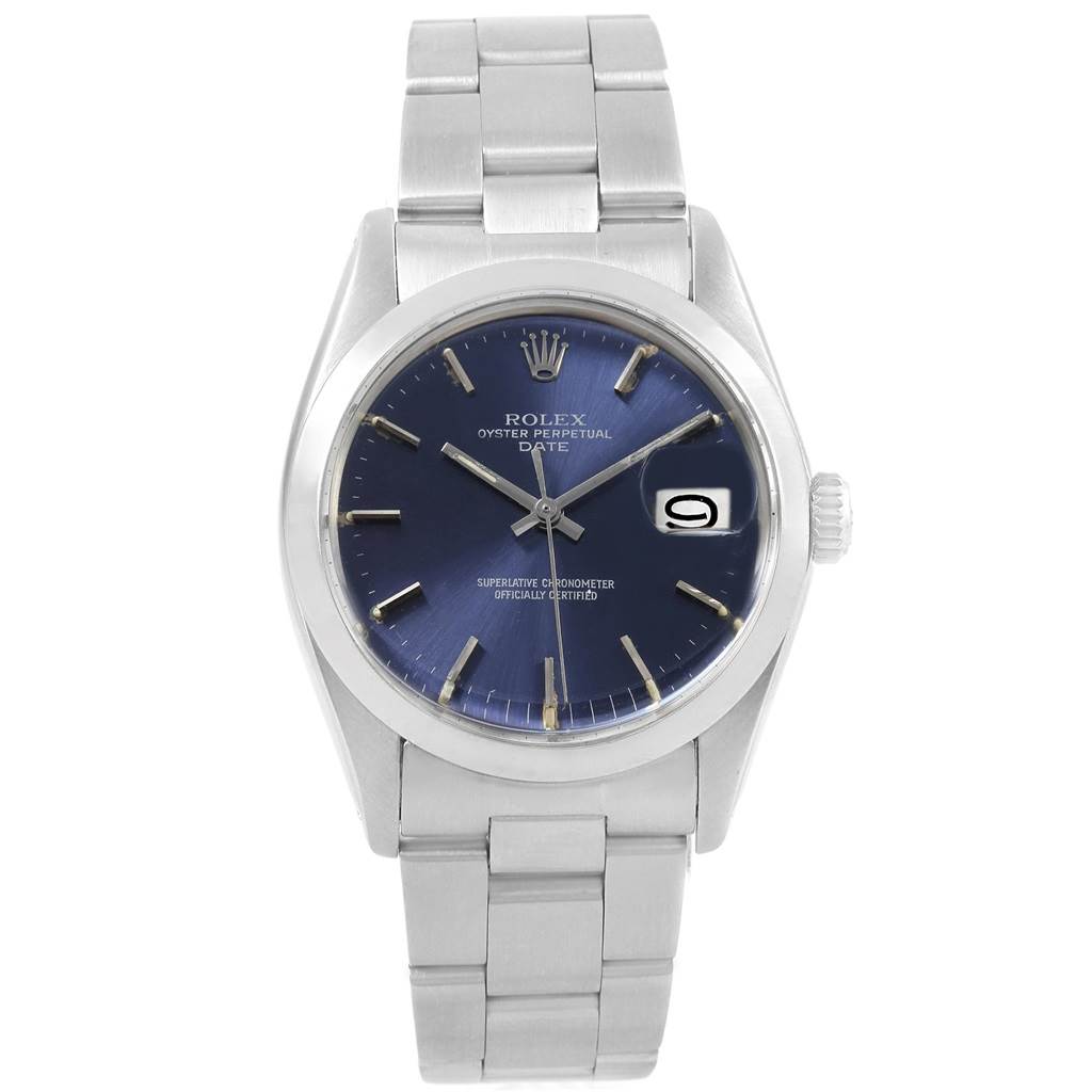 The Rolex Vintage Collection 1501 Men's Stainless Steel Blue Dial 1501 Men's Stainless Steel Blue Dial model watch is shown from a straight-on angle, displaying its face, bezel, crown, and bracelet.