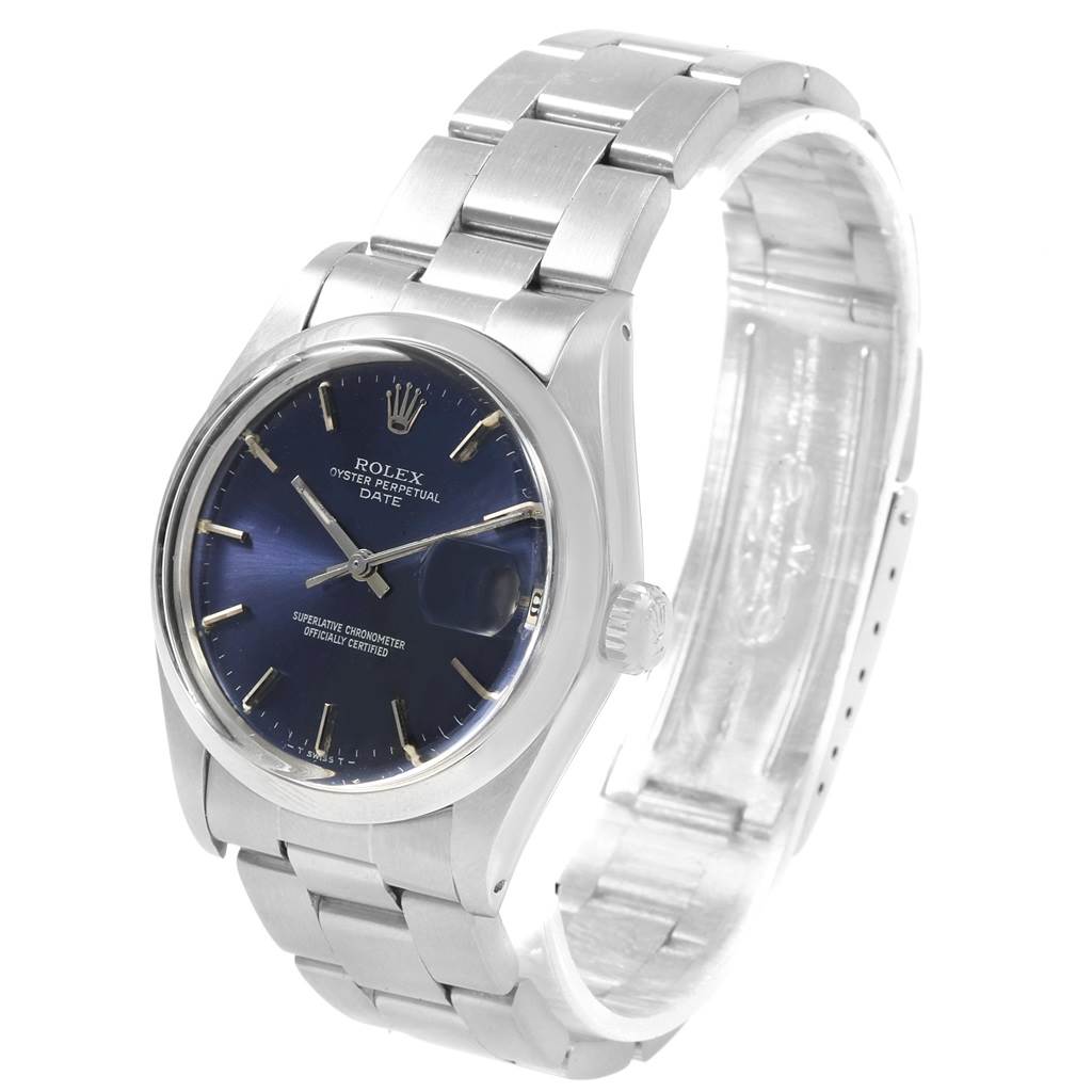This Rolex Vintage Collection 1501 Men's Stainless Steel Blue Dial 1501 Men's Stainless Steel Blue Dial model is shown from a slight side angle, displaying the watch face, crown, and bracelet.