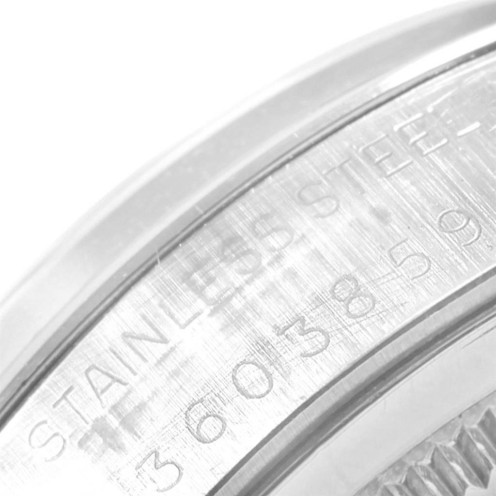 This close-up shows the engraved stainless steel back side of the Rolex Vintage Collection 6694 Men's Stainless Steel Grey Dial 6694 Men's Stainless Steel Grey Dial model watch.