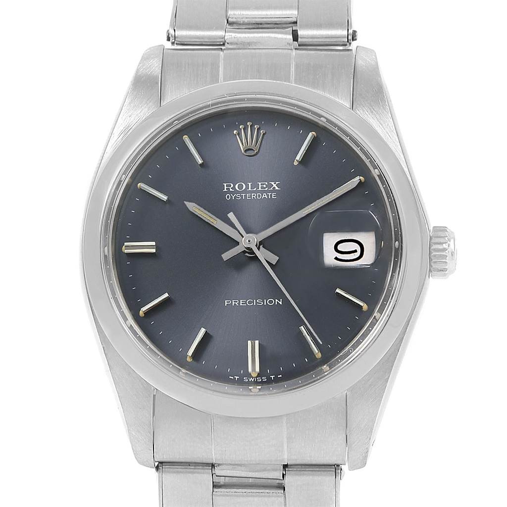 The image shows a front view of the Rolex Oysterdate Precision watch from the Vintage Collection, displaying the dial, hour markers, and bracelet.