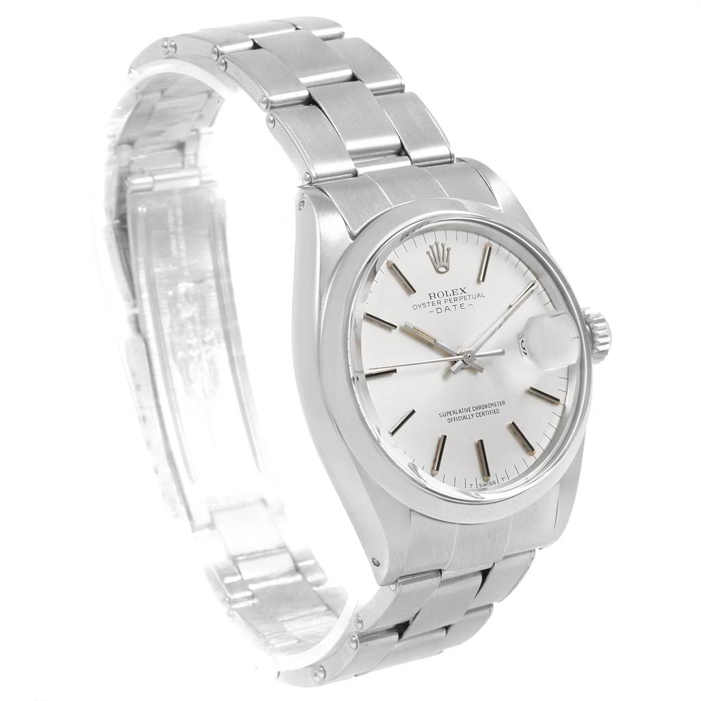 The image shows a Rolex Vintage Collection 1500 Men's Stainless Steel Silver Dial 1500 Men's Stainless Steel Silver Dial watch from a three-quarter angle, highlighting the bracelet, face, and crown.