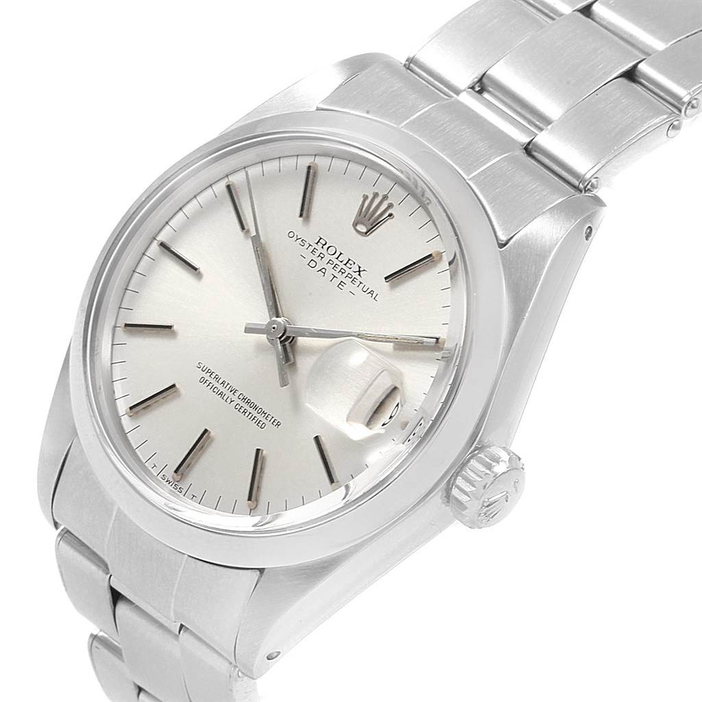 The Rolex Vintage Collection 1500 Men's Stainless Steel Silver Dial 1500 Men's Stainless Steel Silver Dial watch is shown at an angled view, displaying its face, crown, and stainless steel bracelet.